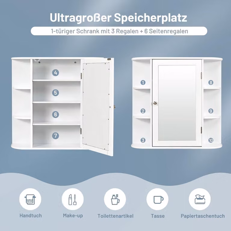 Specchio da bagno in legno, con 4 scomparti, 6 ripiani aperti, dimensioni 66 x 17 x 63 cm