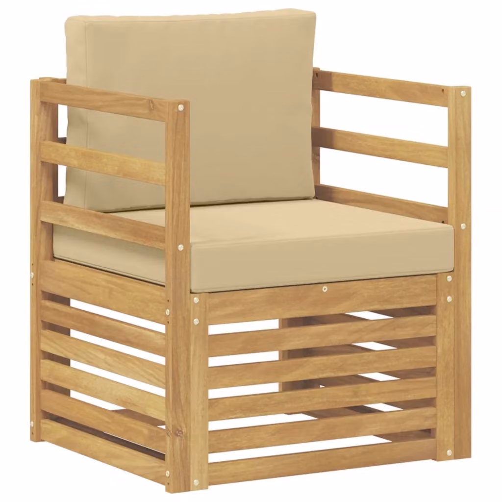 Divano da esterno moderno in legno di acacia e tessuto bianco e beige per giardino e terrazza
