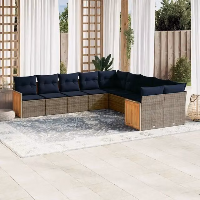 Set Divani da Giardino 10 pz con Cuscini Grigio in Polyrattan 3228035