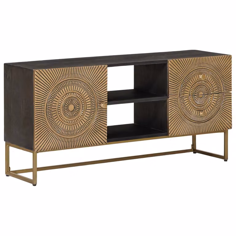 Mobile TV moderno vidaXL con cassetto e scaffale in legno di mango, colore oro e nero, L 105 x P 30 x H 50 cm