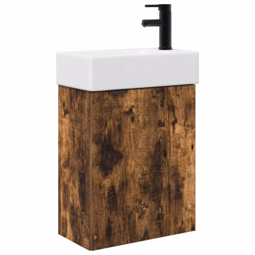 Mobile bagno moderno vidaXL con ante a battente e ripiani interni, colore Rovere Fumo e Bianco, L/P/H: 45,5 x 22,5 x 84 cm – 2