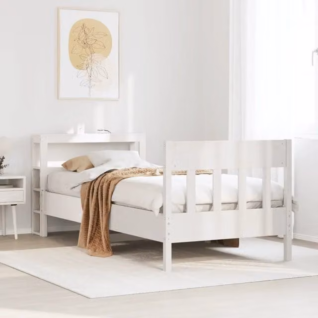 Letto VIDAXL in legno massello di pino bianco con ripiani laterali e struttura a doghe rigide