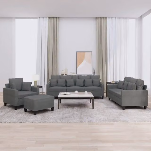 Set di divani moderno vidaXL composto da un divano a 3 posti, un divano a 2 posti e un pouf, rivestito in tessuto grigio con cuscini inclusi – 1