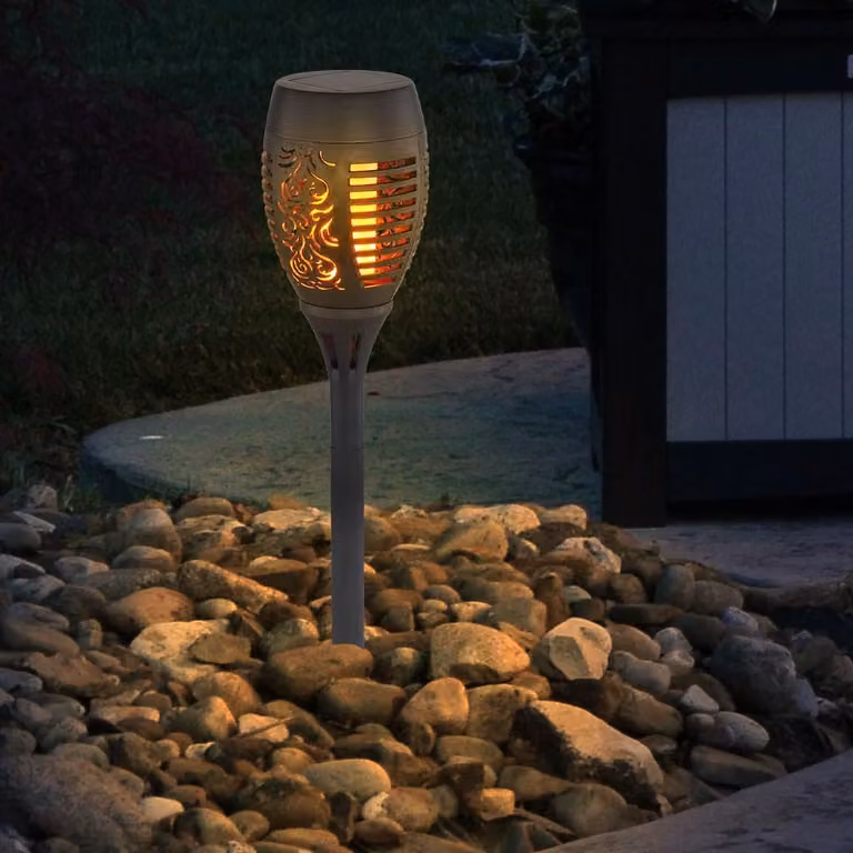 Lampada solare a LED, nera, con effetto fiamma, altezza 49,5 cm