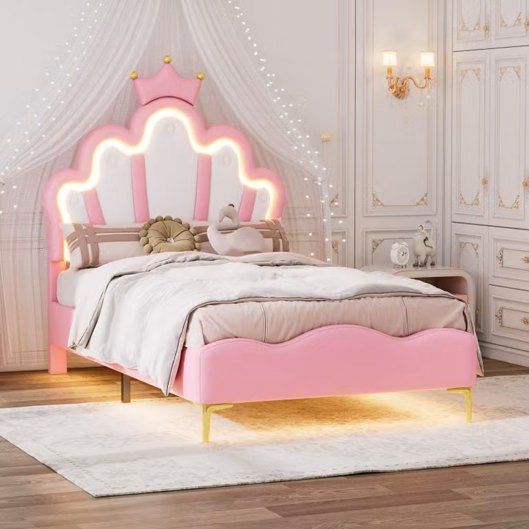 Letto imbottito Merax 90x200cm, letto da principessa con luci LED, testata regolabile, gambe dorate, design a , PU, letto per bambini, letto per ragazzi, rosa