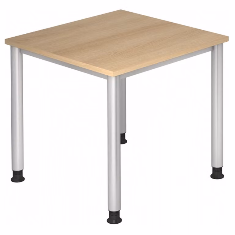 Scrivania serie H | telaio a 4 gambe | regolabile in altezza | estremamente stabile, dimensioni piano d'appoggio:80 x 80 cm, colore piano d'appoggio:rovere, colore telaio:argento