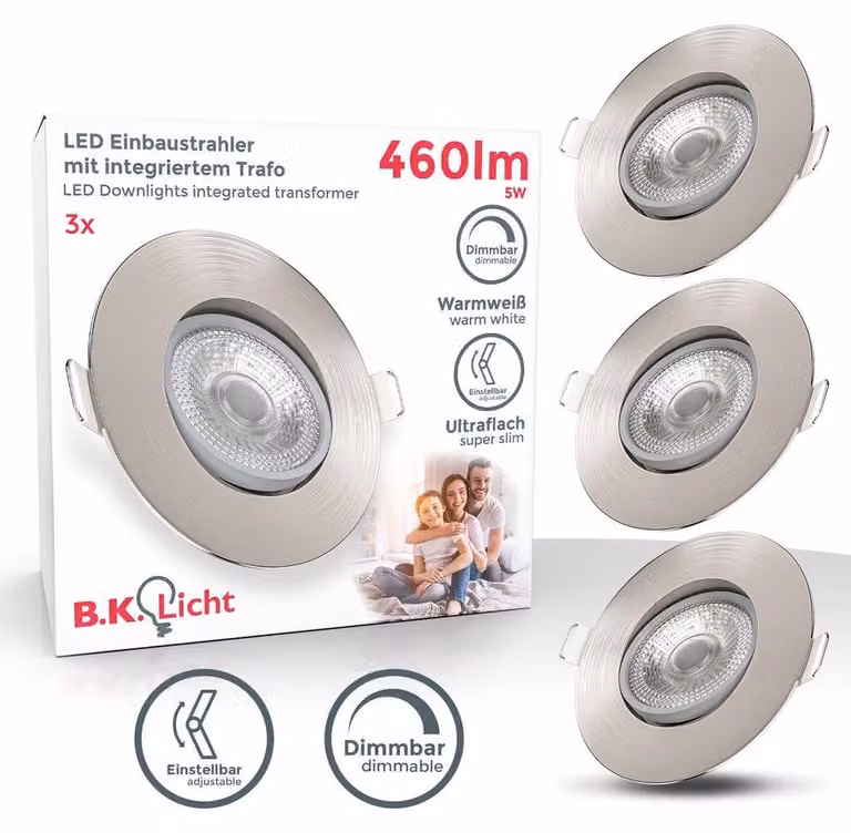 B.K.Licht Faretti LED da incasso ultrapiatti orientabili e dimmerabili, LED integrati 5W, foro Ø68mm, luce calda, 460Lm, set di 3 faretti da soffitto rotondi, plastica color nichel opaco 230V IP23