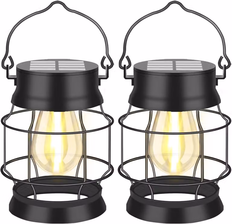 Lampade da esterno solari, set da 2, colore nero, impermeabili, con LED, luce bianco caldo