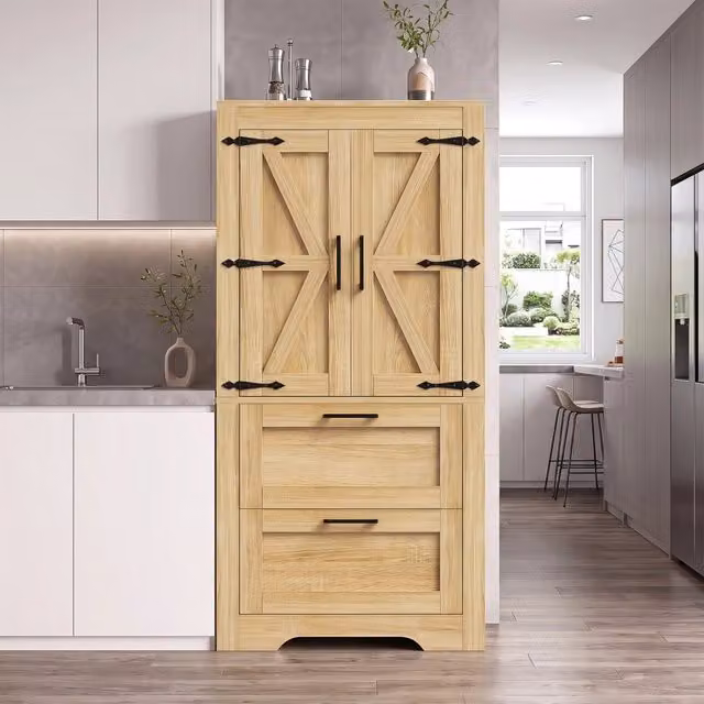 Mobile da cucina Minimal in stile country con 2 cassetti e ripiani regolabili, colore legno naturale beige e marrone, L: 128 cm, P: 30 cm, H: 76 cm