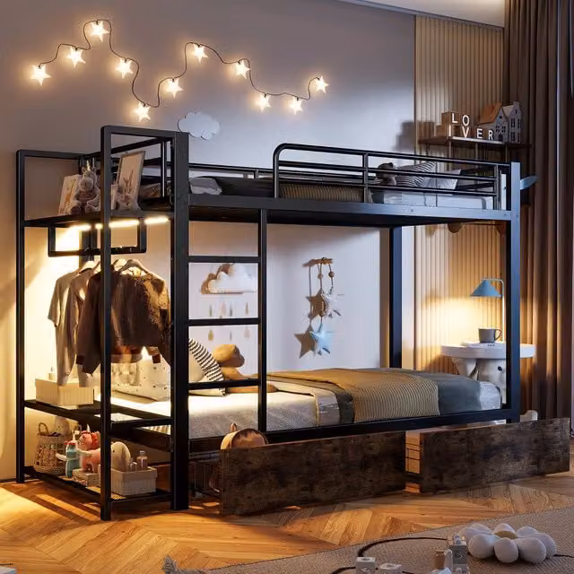 Letto a castello 90 x 200 cm, struttura in ferro, 2 cassetti, più ripiani, barra LED, asta appendiabiti, materasso non incluso - Nero
