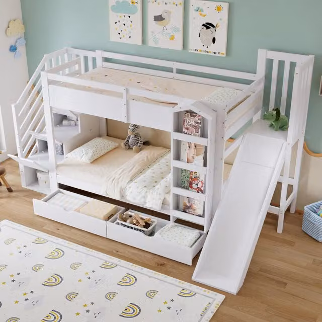 Letto a castello per bambini 90 × 200 cm con scivolo, 2 cassetti, libreria e scala contenitore, senza materasso