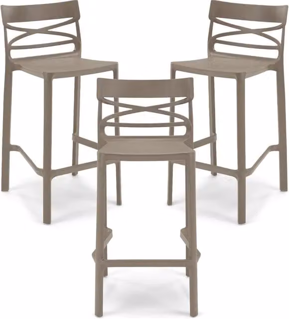 Set 3 sgabelli in polipropilene FLOW altezza seduta 65cm, impilabile, idrorepellente, resistente ai raggi UV, design moderno e innovativo, ideale per la cucina, la veranda o giardino colore Tortora