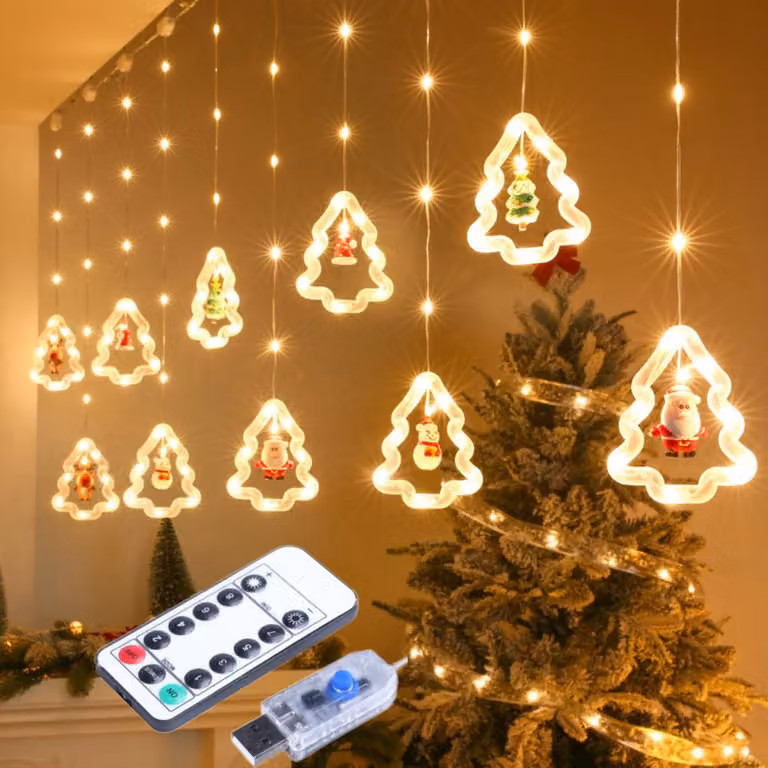 Luci di Natale a LED, motivi di stelle e abeti, decorazioni per interni/esterni per feste e matrimoni