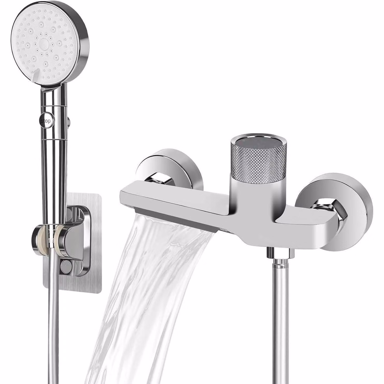 Miscelatore per vasca da bagno a cascata con doccia, termostatico, in ottone, finitura cromata
