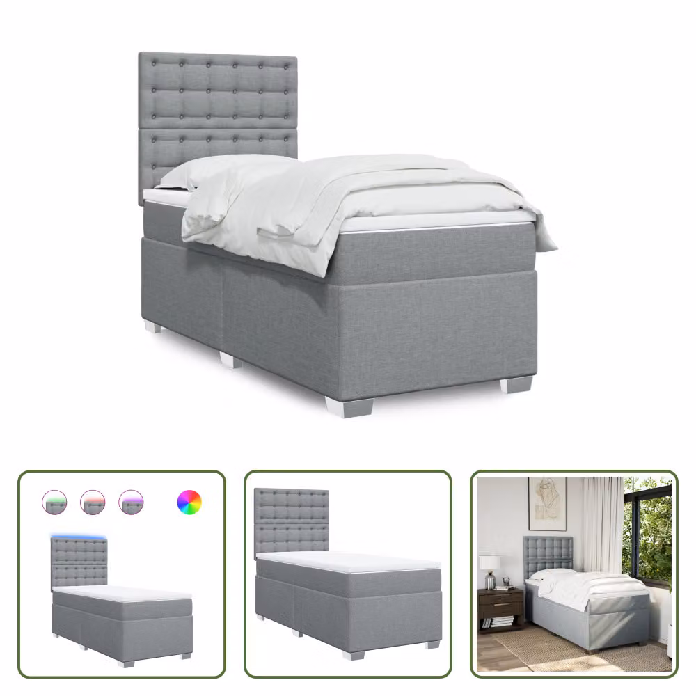 The Living Store Letto a molle con materasso grigio chiaro 90x190 cm in tessuto