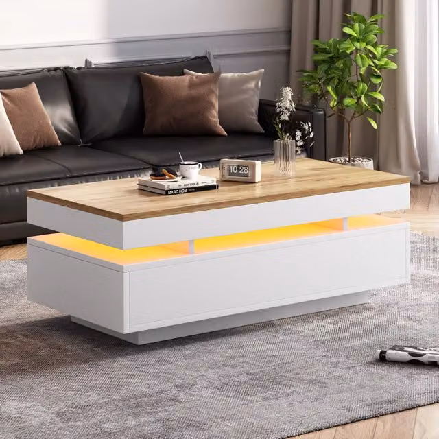 Tavolino da caffè 100x50x35 cm con 2 cassetti e illuminazione LED in truciolare bianco naturale