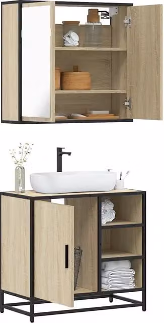 Set Mobili da Bagno Industrial vidaXL in Legno e Metallo Beige, composto da Mobile Lavabo e Armadietto con Specchio, L/P/H: 65 x 33 x 60 cm