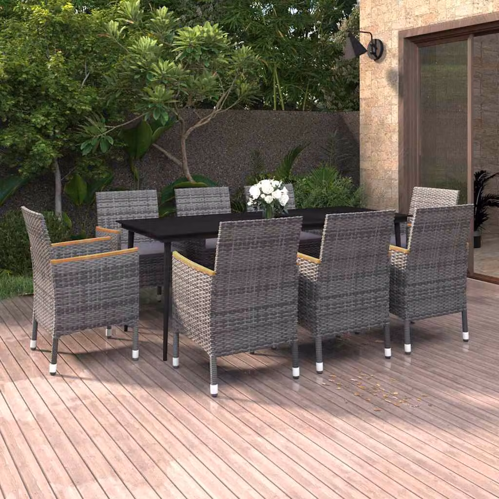 vidaXL Set da Pranzo per Giardino in Polyrattan e Vetro con Cuscini, 9 Pezzi, Grigio e Nero