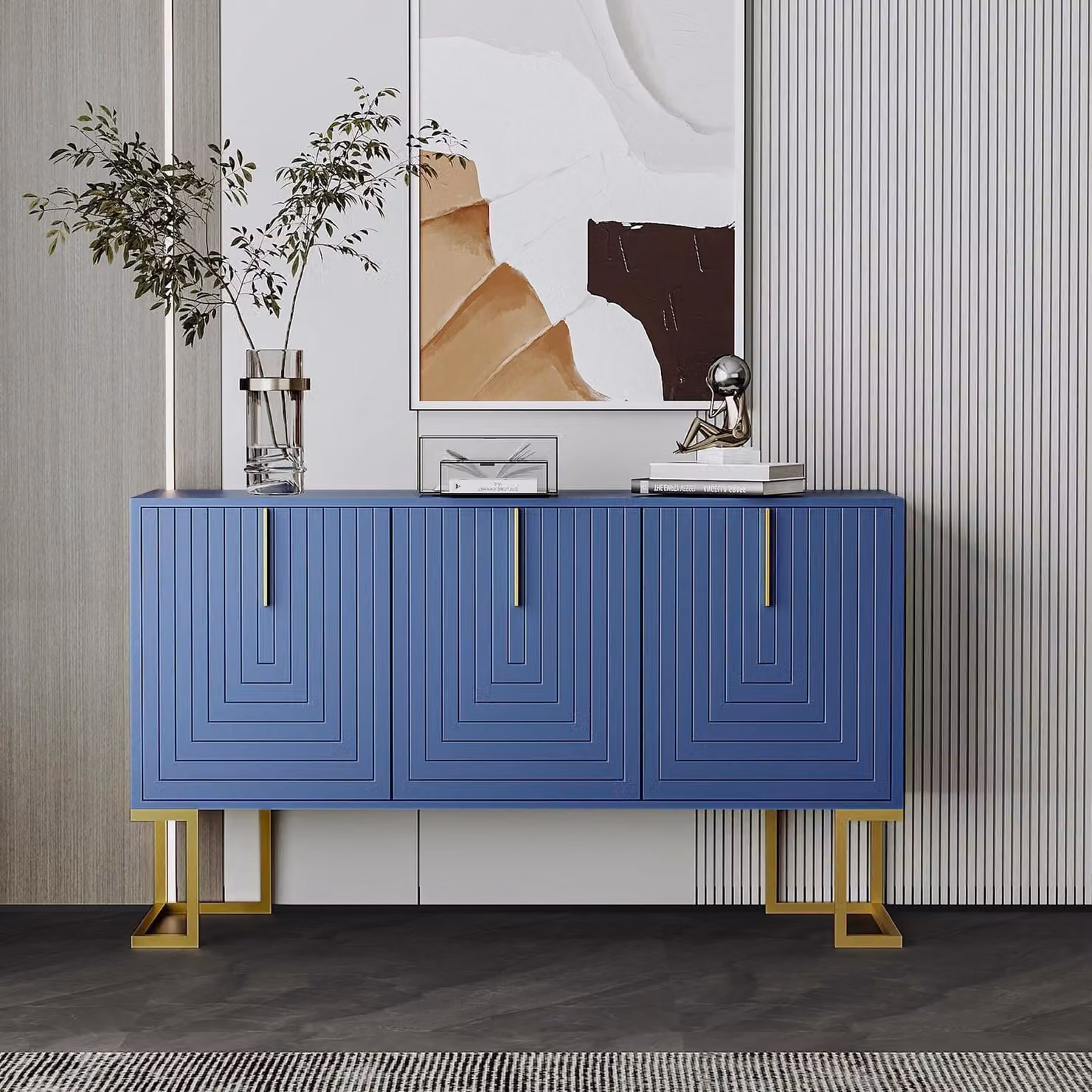 Comodino/Credenza a 3 ante, colore blu navy, dimensioni 138x80,5x40 cm