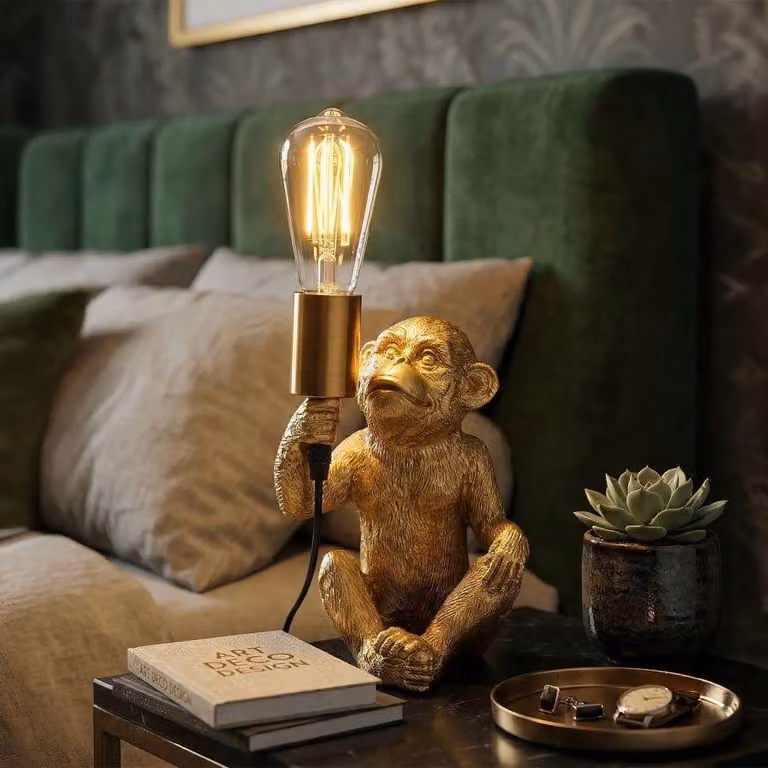 Lampada da tavolo a forma di scimmia, in resina, 17x14,5x25 cm, color oro, design Mauro Ferretti