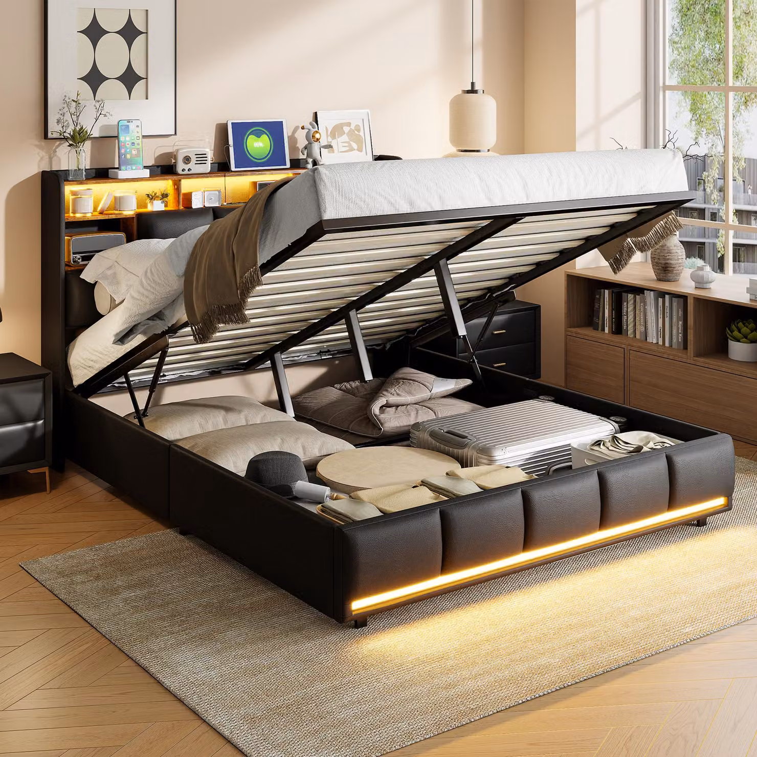 UnboxG Letto contenitore idraulico 140×190 cm, letto imbottito matrimoniale con LED e funzione di ricarica USB, struttura letto funzionale con vano contenitore e rete a doghe, PU, nero
