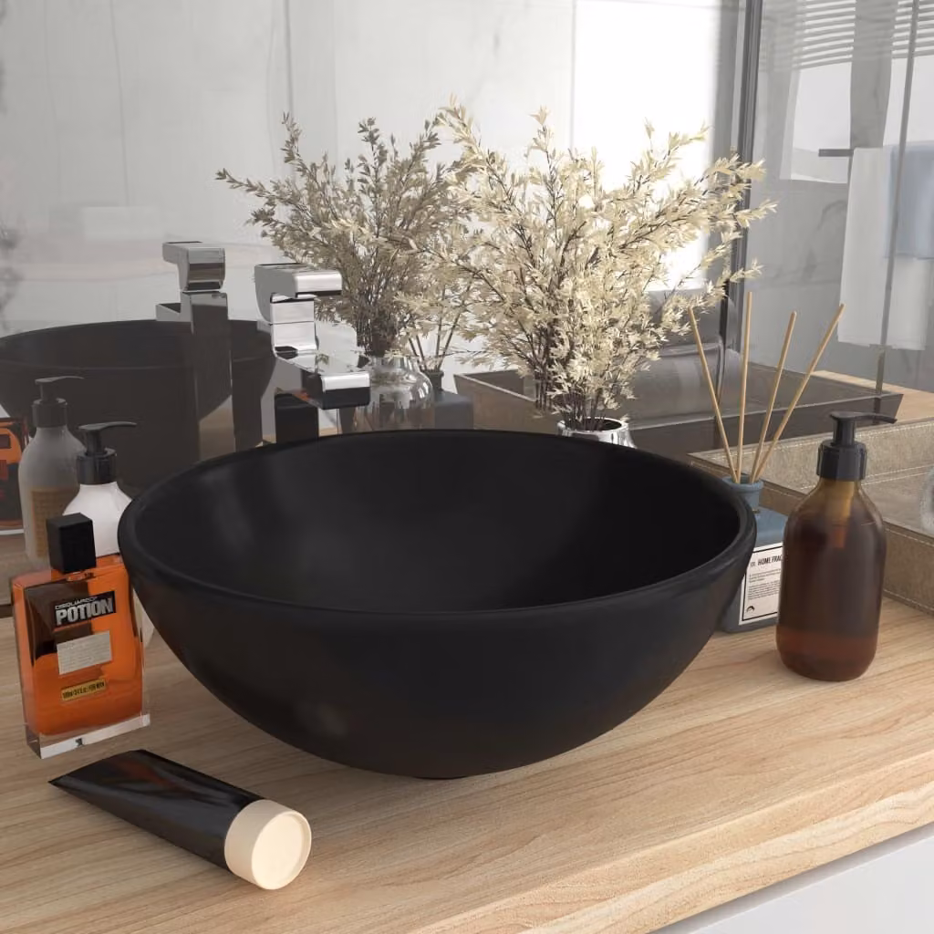 The Living Store Lavabo rotondo nero opaco 32,5x14 cm in Vetroceramica