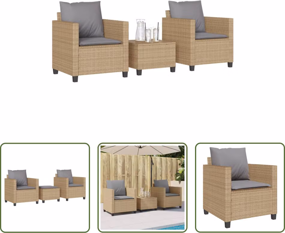 The Living Store Set da bistrot 3 pezzi con cuscini Beige poly rattan