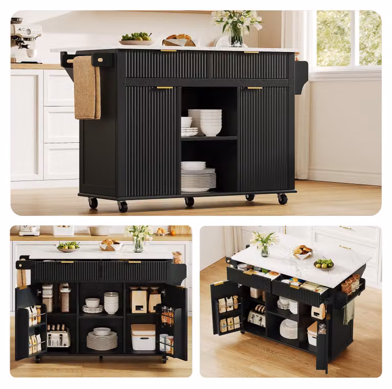 Isola da cucina mobile, dimensioni 120x45 cm, piano di lavoro pieghevole, 2 cassetti, 2 ante, ripiani per spezie, portasciugamani, colore nero.