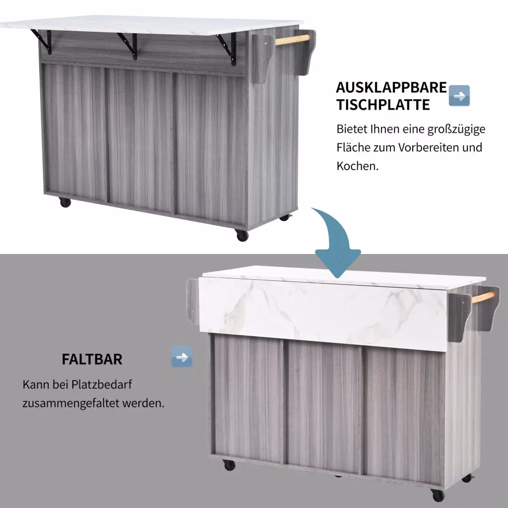 Carrello da cucina REDOM moderno in MDF e metallo con piano pieghevole, Grigio e Bianco, L: 139 cm, P: 46 cm, H: 91,5 cm – 2