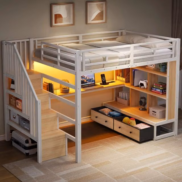 Letto a soppalco Mivray bianco con scrivania, scaffali, due cassetti, scala contenitore e illuminazione LED in MDF e metallo, dimensioni 140 x 200 cm