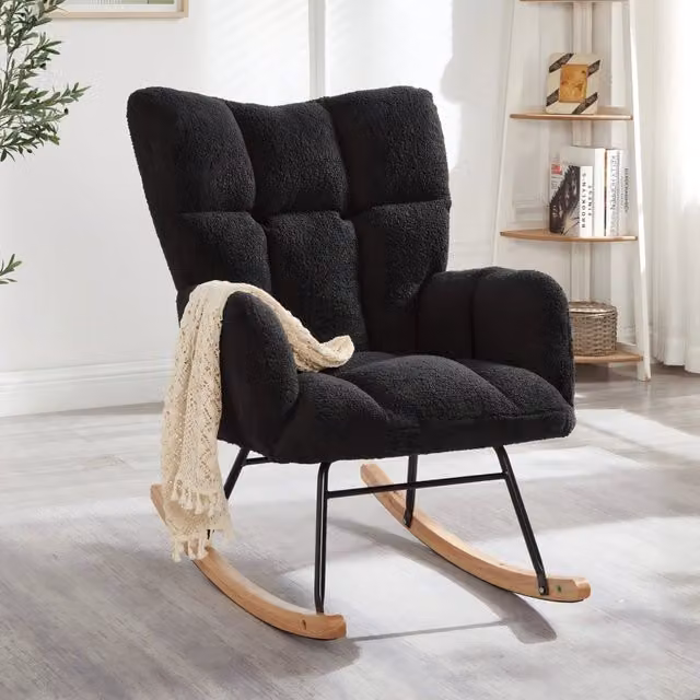 Poltrona a dondolo OKWISH in poliestere grigio scuro e nero con struttura rinforzata e seduta confortevole