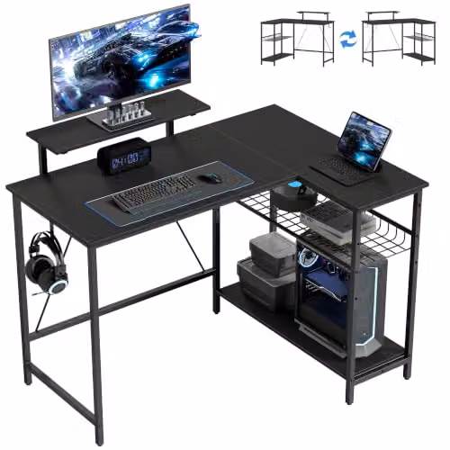HOMCOM Scrivania gaming reversibile supporto monitor 114,5 x 82 cm Nero