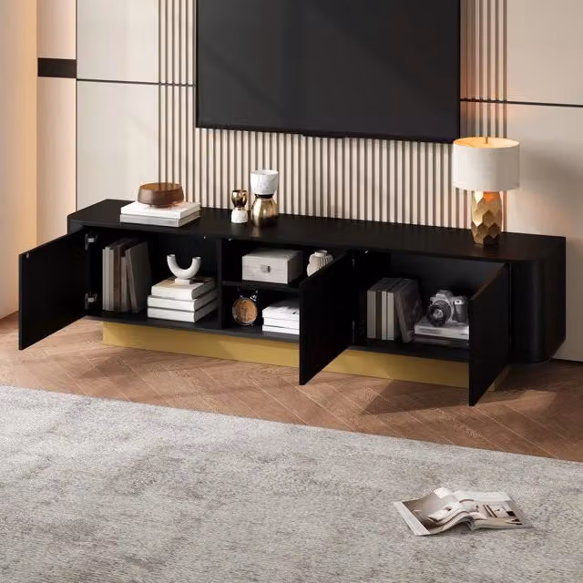 Mobile TV con 3 ante e ripiano regolabile; gestione cavi; MDF e PB nero; 170 × 40;5 × 47 cm