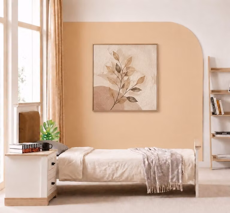 Letto singolo beige in legno, design moderno, ideale per una camera da letto con un aspetto naturale