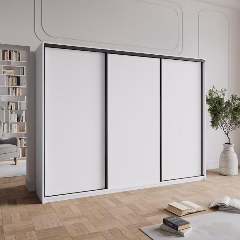 Armadio scorrevole Masseno NISSE 250/205/60 cm Armadio con 4 cassetti Armadio per camera da letto a 3 ante Bianco
