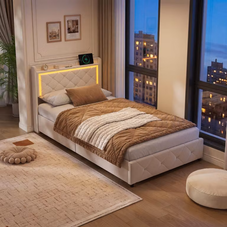 Letto idraulico INONEFT, 90 x 200 cm, letto per bambini con LED e USB, letto imbottito con spazio contenitore e rete a doghe, letto per adolescenti, velluto, beige