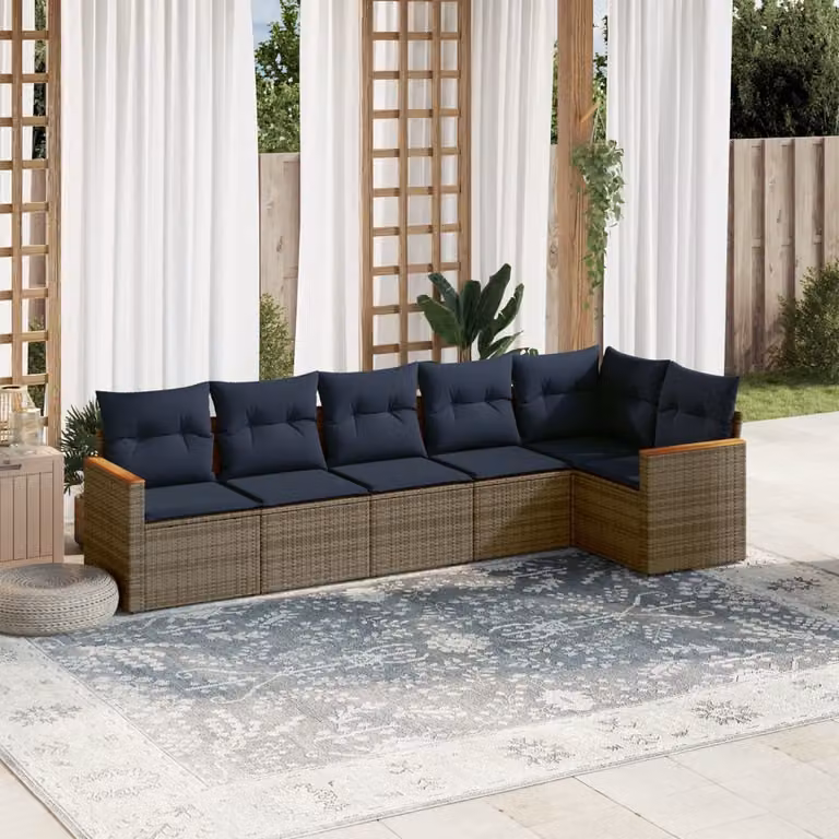 Set di divani da giardino vidaXL in rattan e metallo con cuscini, composizione a L, 6 pezzi, colore grigio e blu