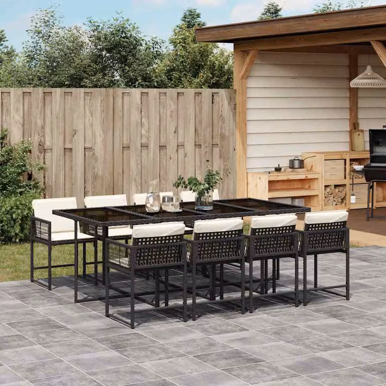 vidaXL Set da Pranzo da Giardino 9 pz in Polyrattan Nero con Cuscini e Tavolo in Vetro