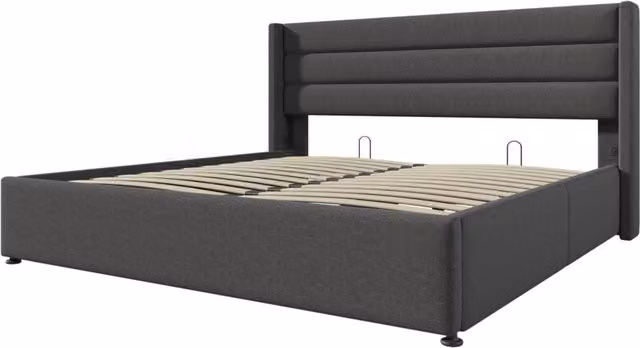 Letto contenitore matrimoniale imbottito 140x200 cm con materasso a molle e rete in legno, tessuto lino grigio