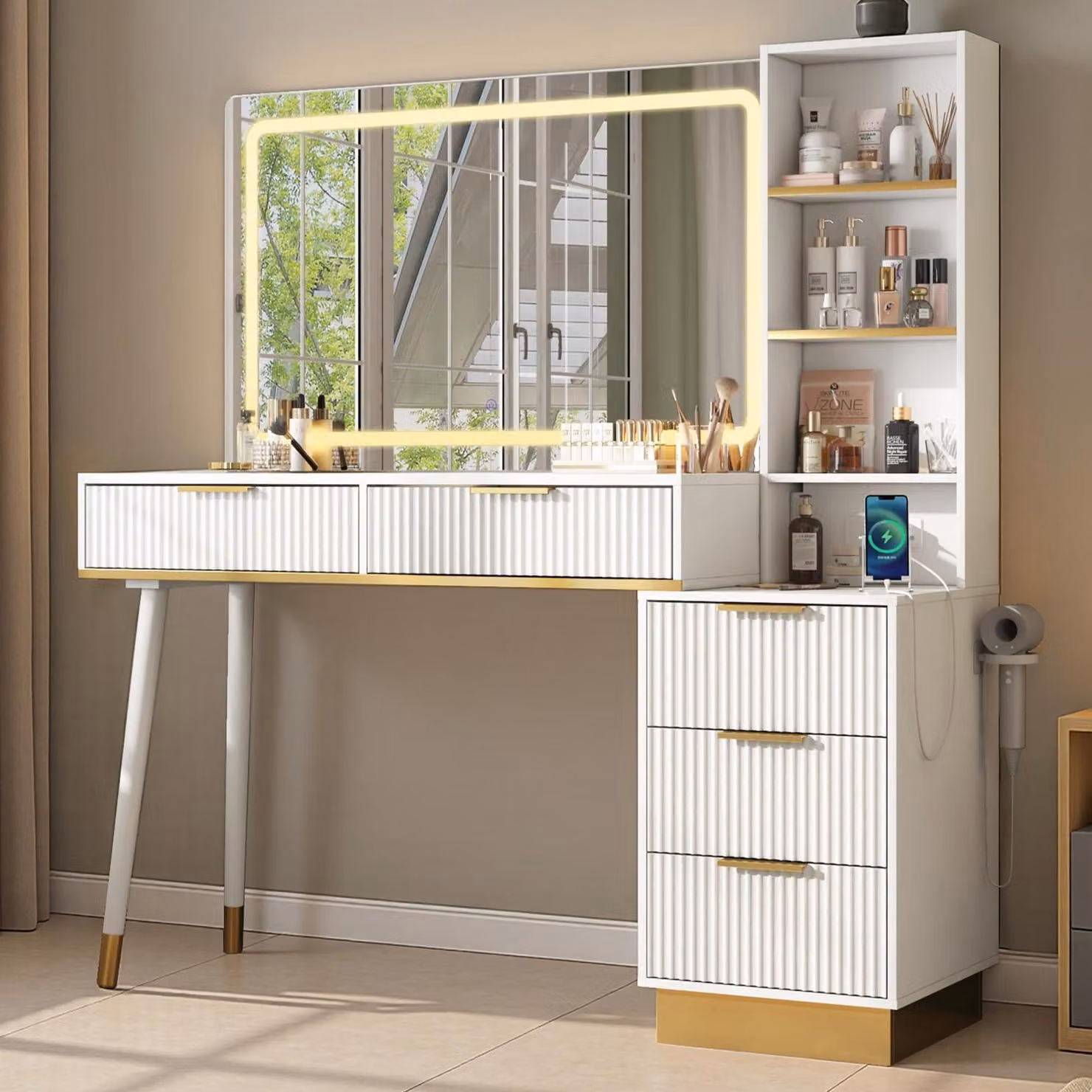 Comò da trucco con specchio a LED e porta USB, 5 cassetti, piano in vetro, dimensioni 122x40x137 cm