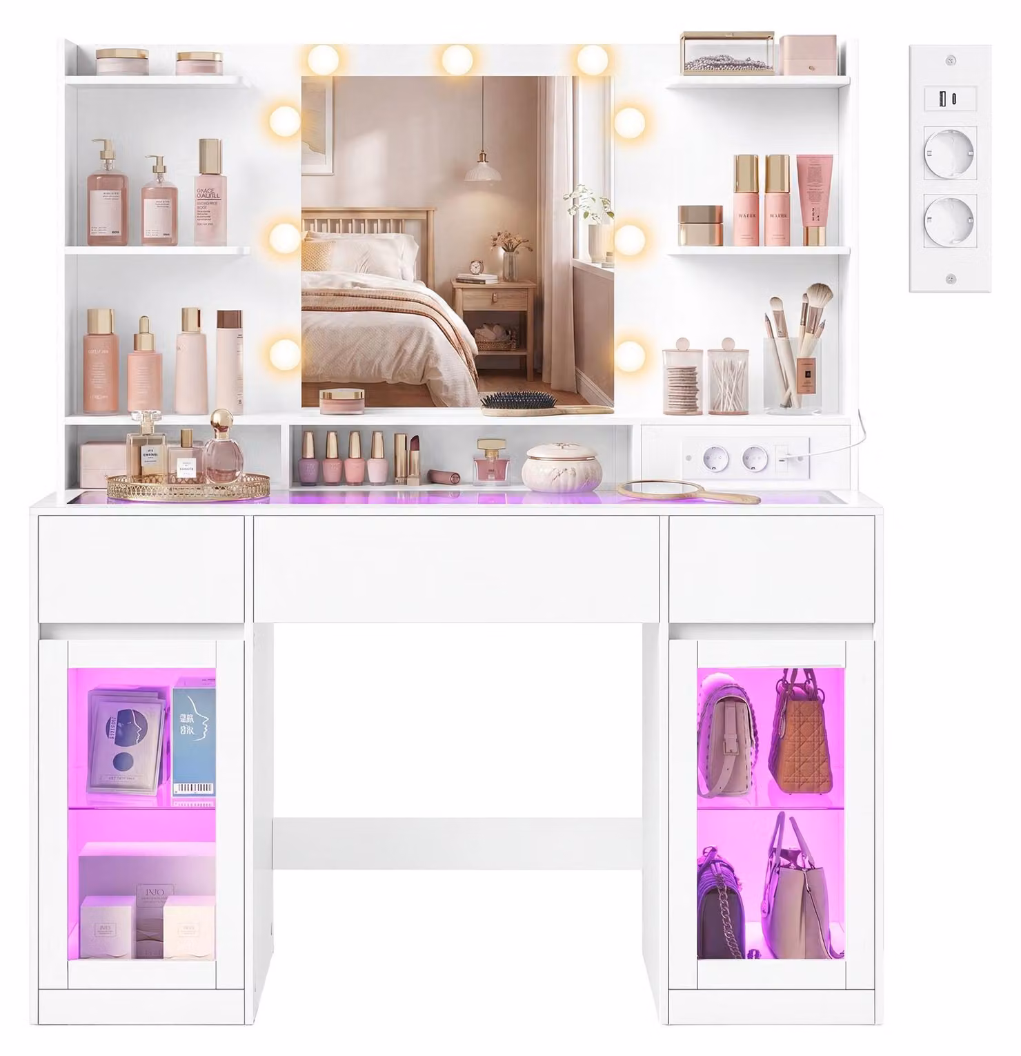 Comò da trucco con specchio, illuminazione RGB, presa di corrente e 2 vani contenitori | Bianco opaco | 107x40x144,5 cm