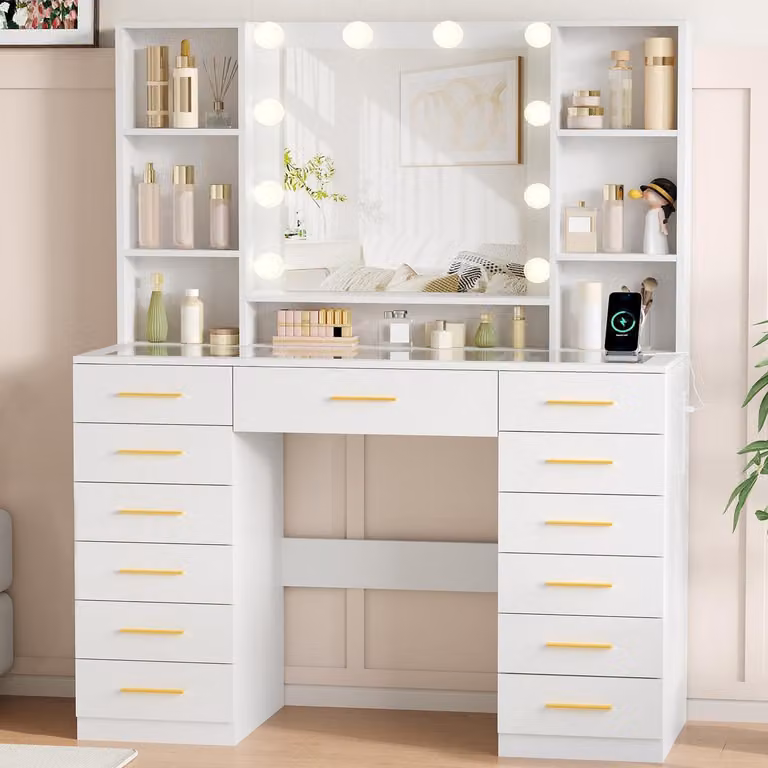 Comò da trucco con specchio e illuminazione, piano in vetro, presa di corrente, 13 cassetti, 6 ripiani, colore bianco