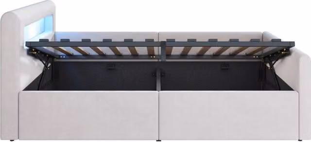 Letto singolo imbottito per bambini 90x200 cm con luce LED, luce notturna, porta USB, ripiani e contenitore idraulico, tessuto in velluto beige