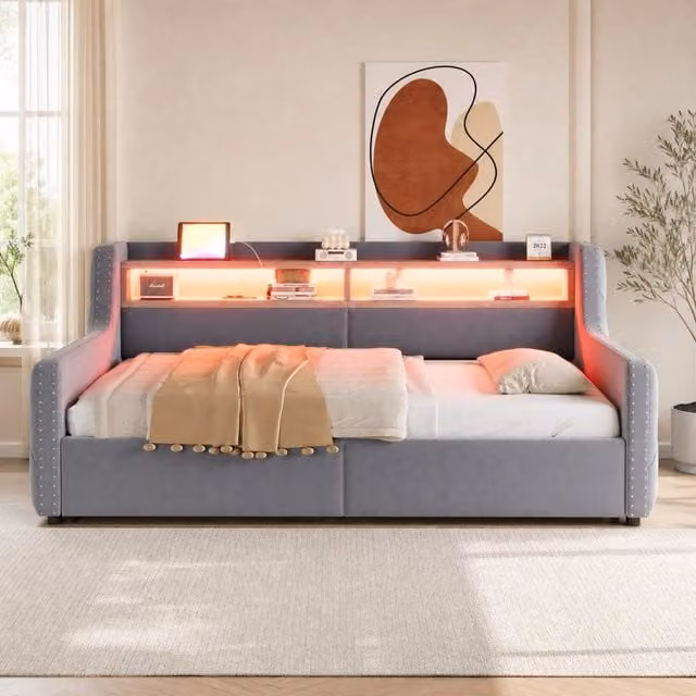 Letto singolo imbottito 90 × 200 cm con vano contenitore LED prese USB e Type-C in velluto grigio chiaro