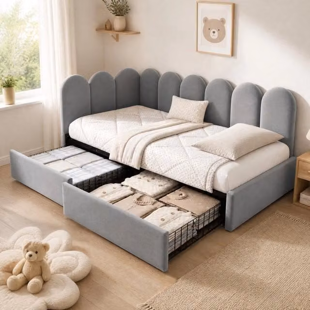 Letto Mivray con 2 cassetti, struttura a L reversibile rivestita in velluto grigio e rete a doghe, L/P: 90 x 190 cm