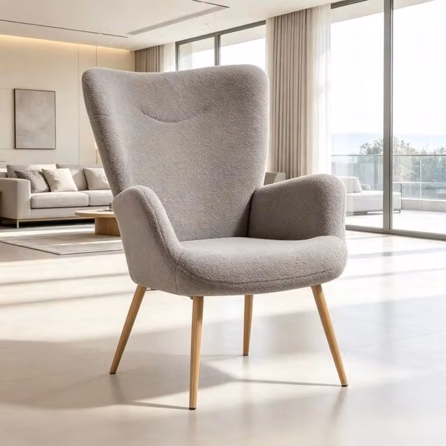 Poltrona da lettura moderna FOLYNA in tessuto grigio con braccioli e gambe effetto legno L: 71 cm, P: 74 cm, H: 97.5 cm