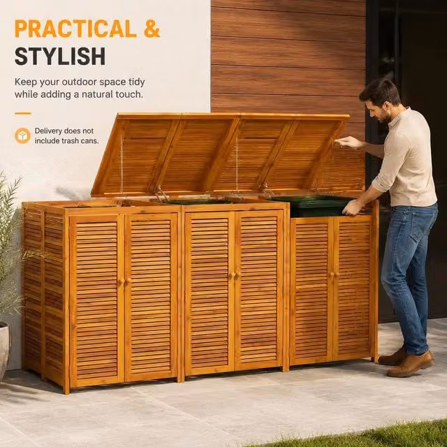 Bin Storage Unit For 3 Bins, 210x89x117 Cm, Solid Acacia Wood