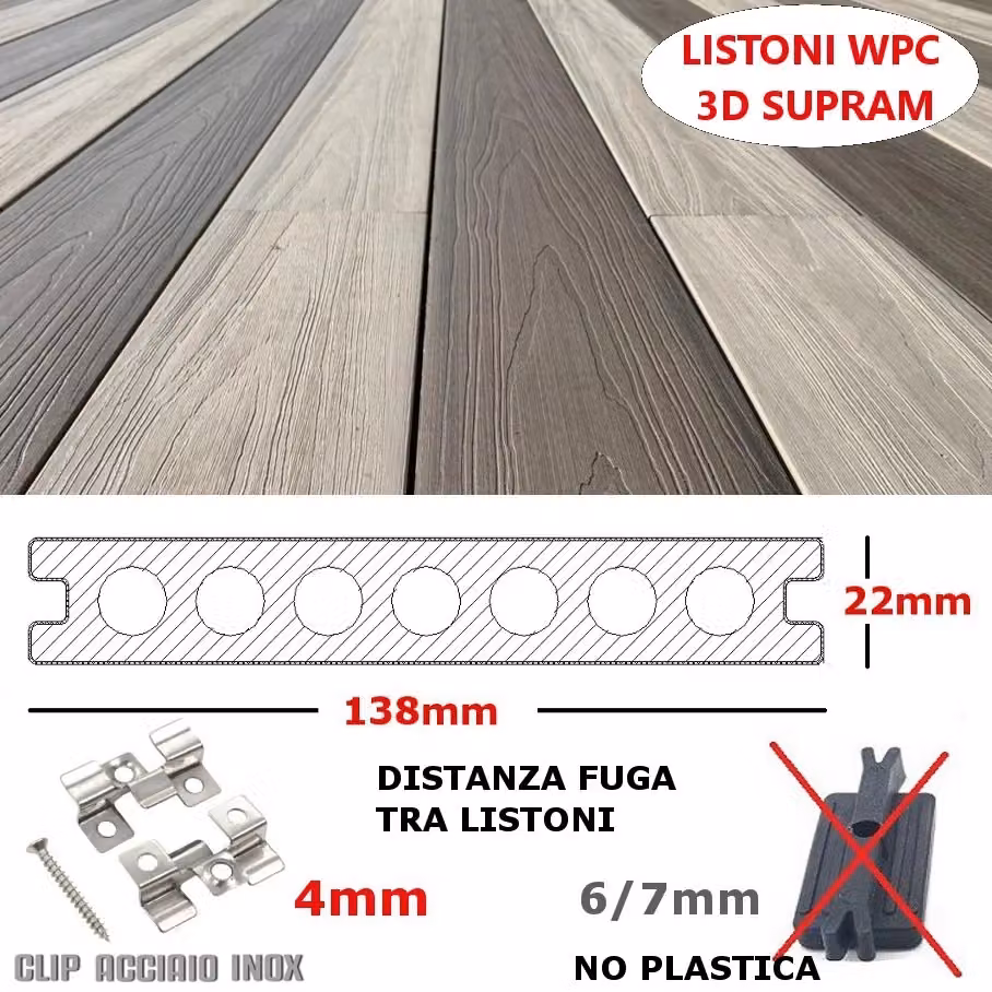 Listone WPC 3D SUPRAM HD co-estruso per pavimentazione decking colore Grigio effetto legno L: 220 cm, P: 13,8 cm, H: 2,2 cm – 2