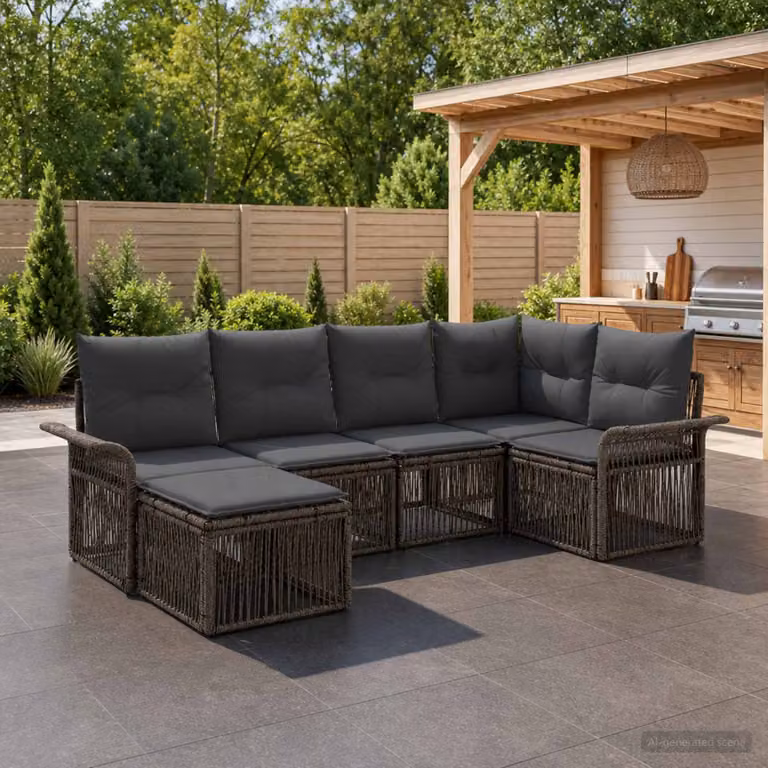 Set Divano da Giardino vidaXL 6 pz Grigio con Poltrona, Elemento Angolare e Pouf in Polyrattan con Cuscini Imbottiti e Rivestimenti Rimovibili