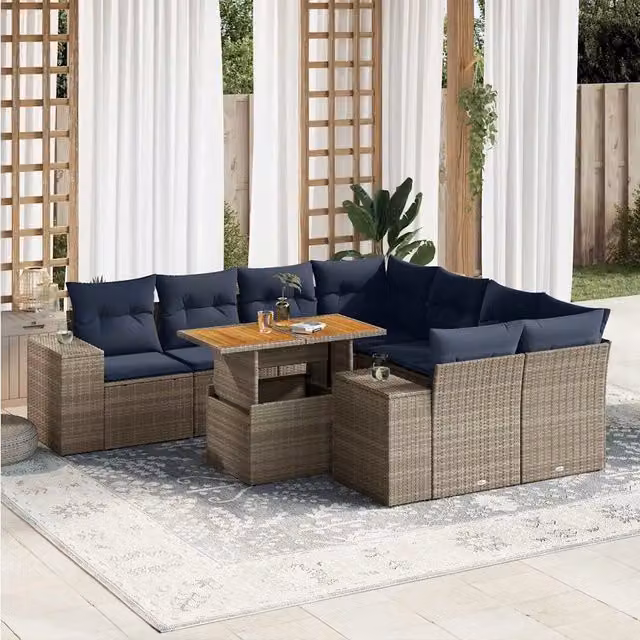 Set Divano da Giardino 9 pz con Cuscini Grigio in Polyrattan 3327358